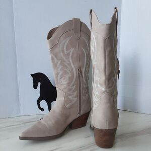 Indigo Rd Western Mid-Calf Stacked Heel Pointy Toe Beige Cowboy Boots Sz 10